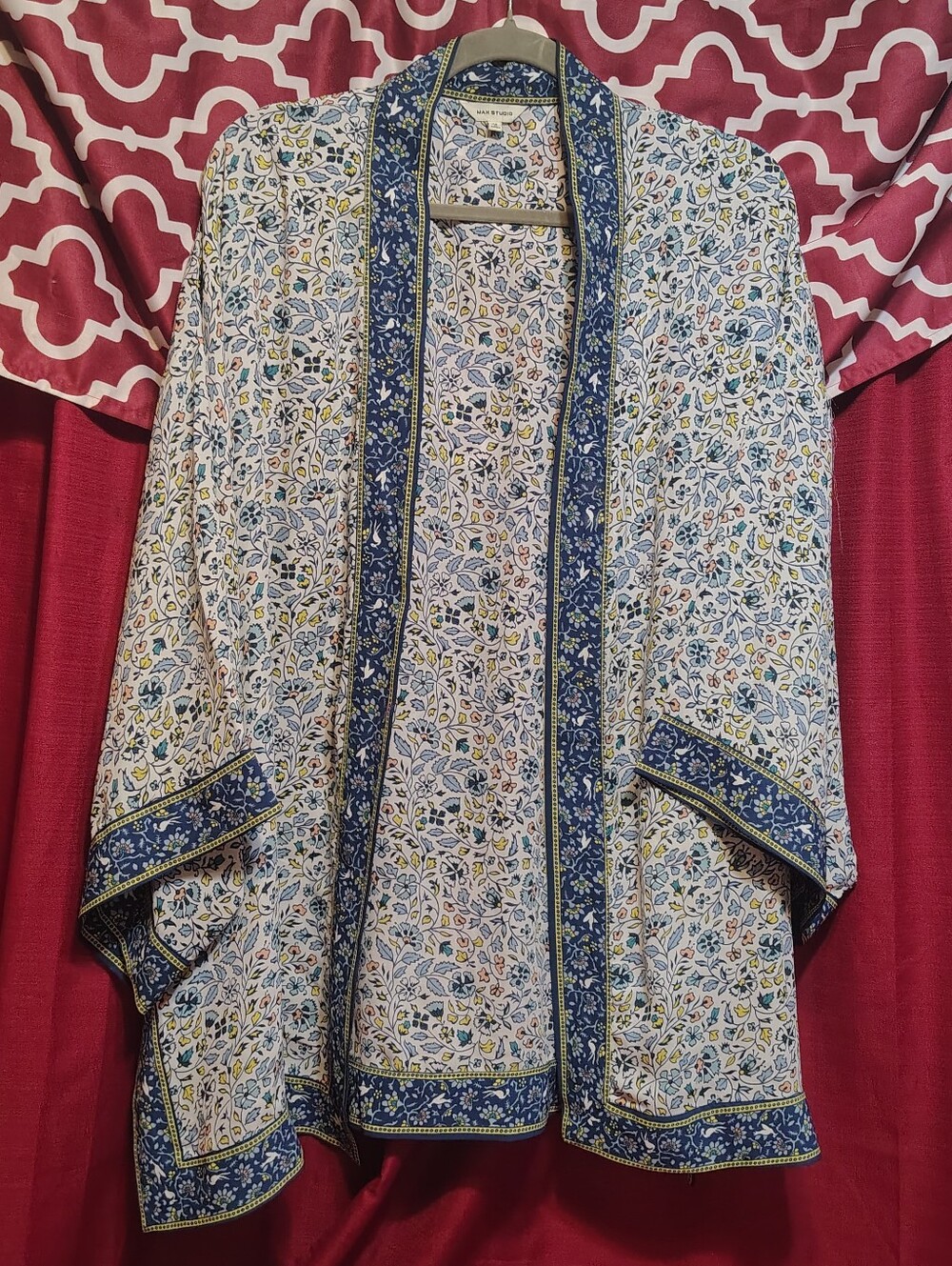 Max Studio Floral Print Open Front Kimono Cardigan Cover Up Blue Cream 1X